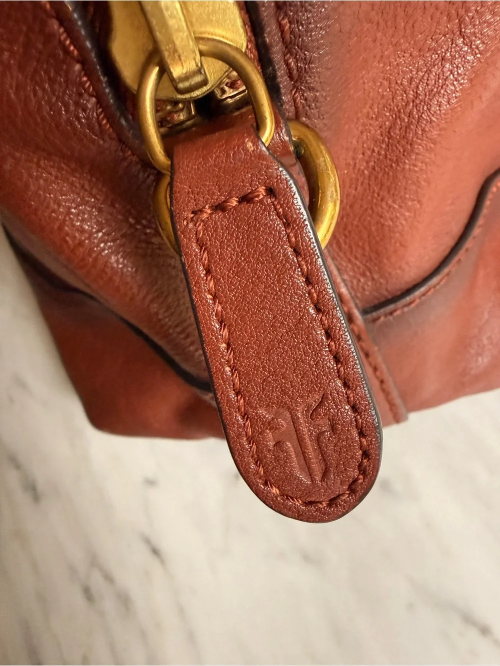 Frye “Ring Dome” Brown Leather Satchel Handbag with Gold Ring Accent